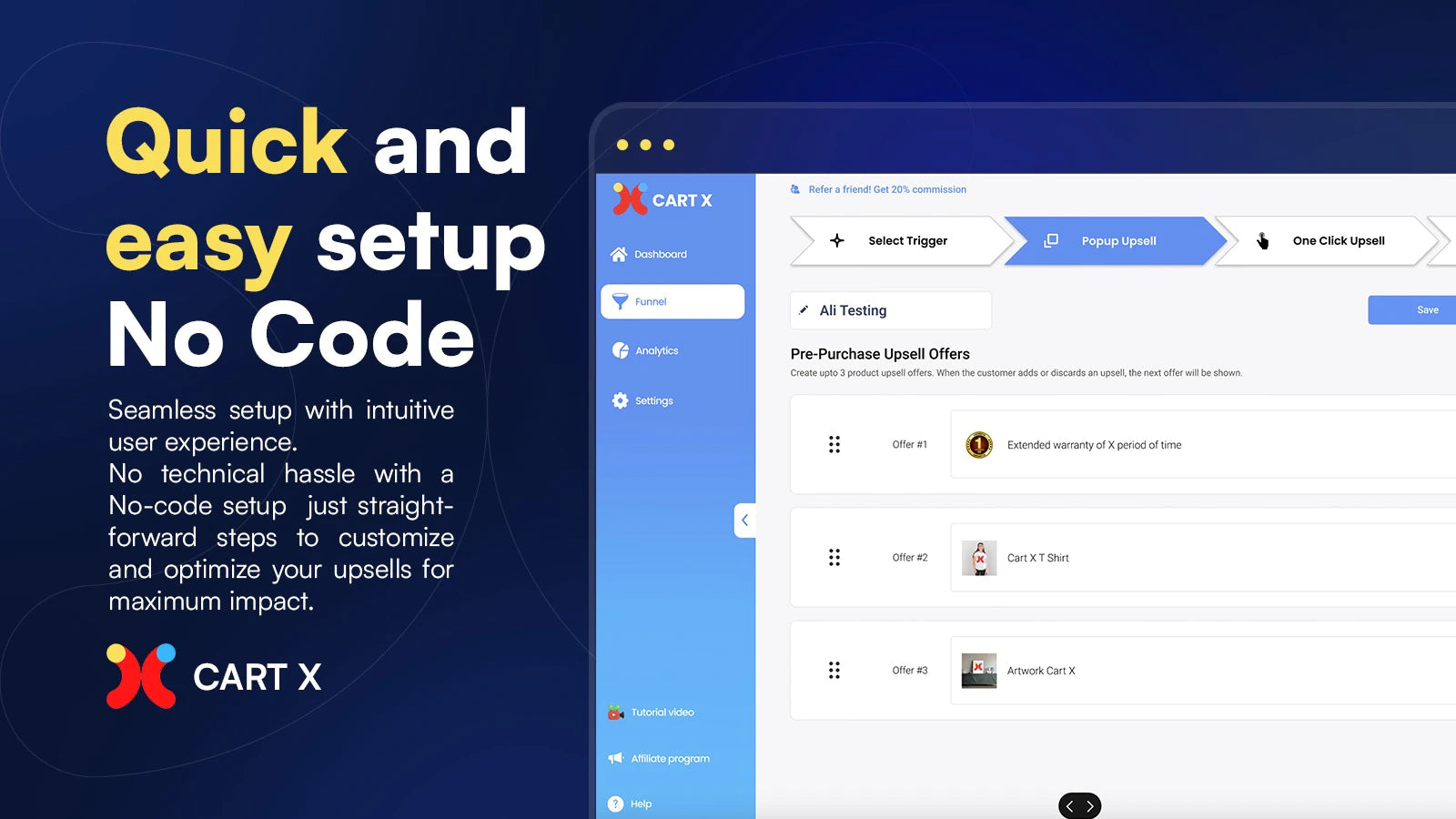 Cart X ‑ Post Purchase Upsell easy setup page