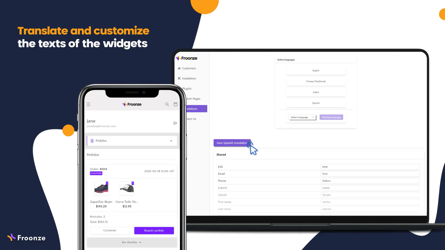 the image shows that customers can translate and customize the texts of the widgets
