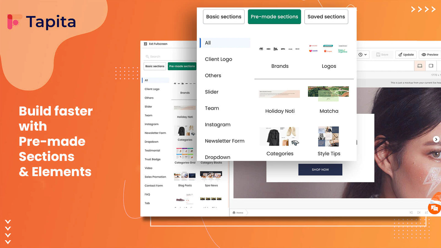 Tapita Landing Page Builder pre-made sections and elements