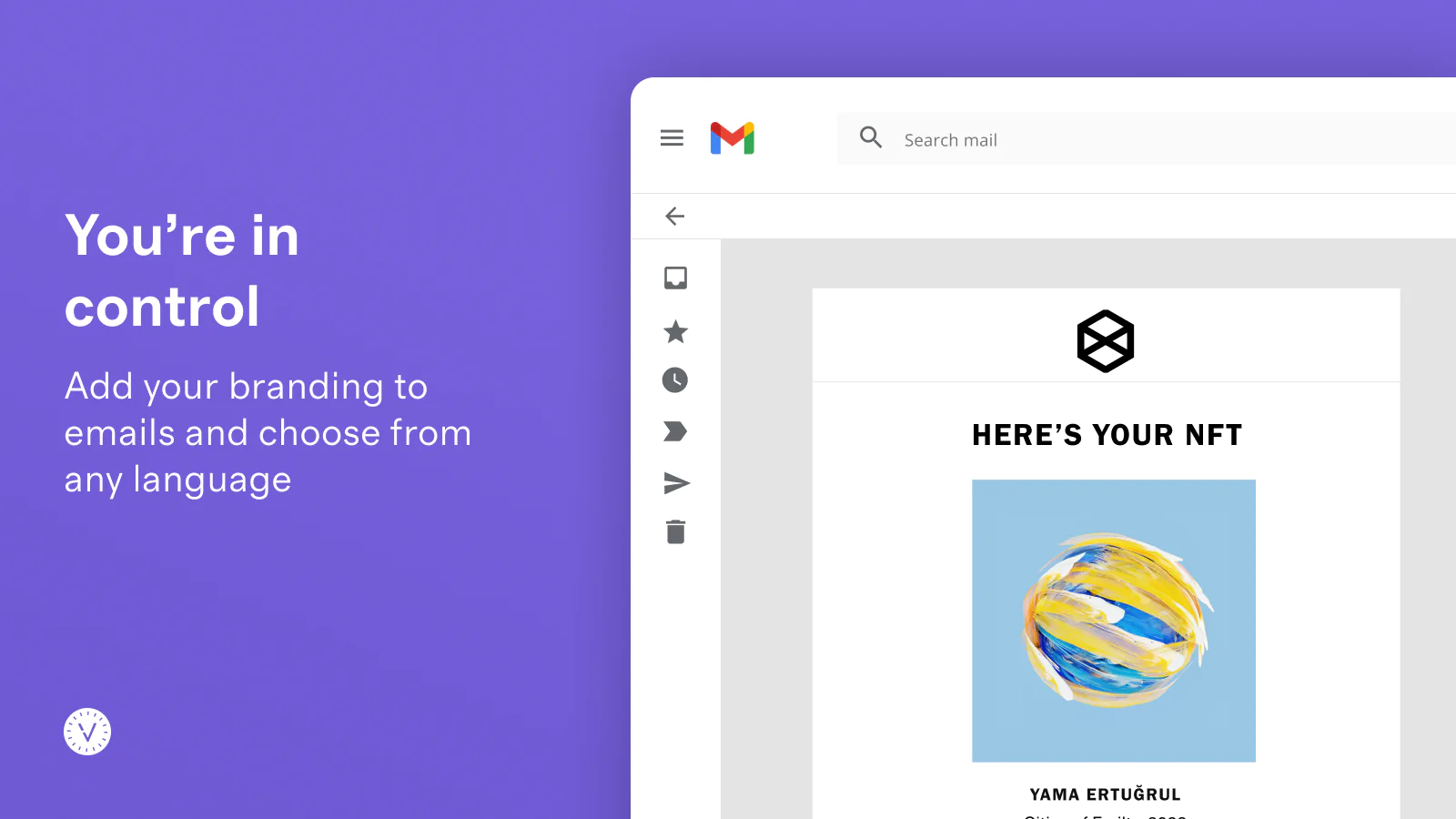 The image shows that you can add your branding to emails and choose from any language