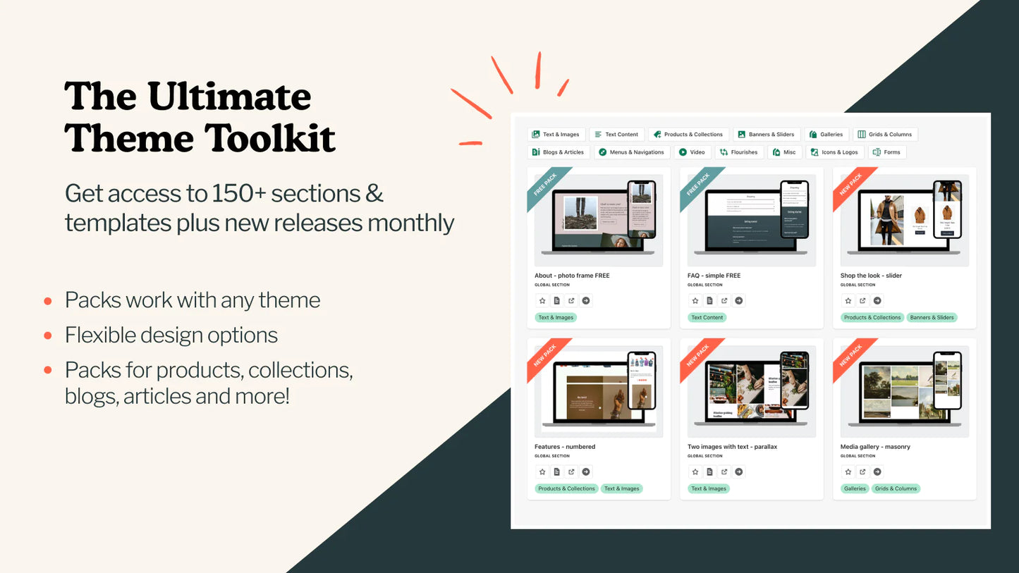 Over 150 high-quality no-code theme sections templates landing pages sales pages product promotions
