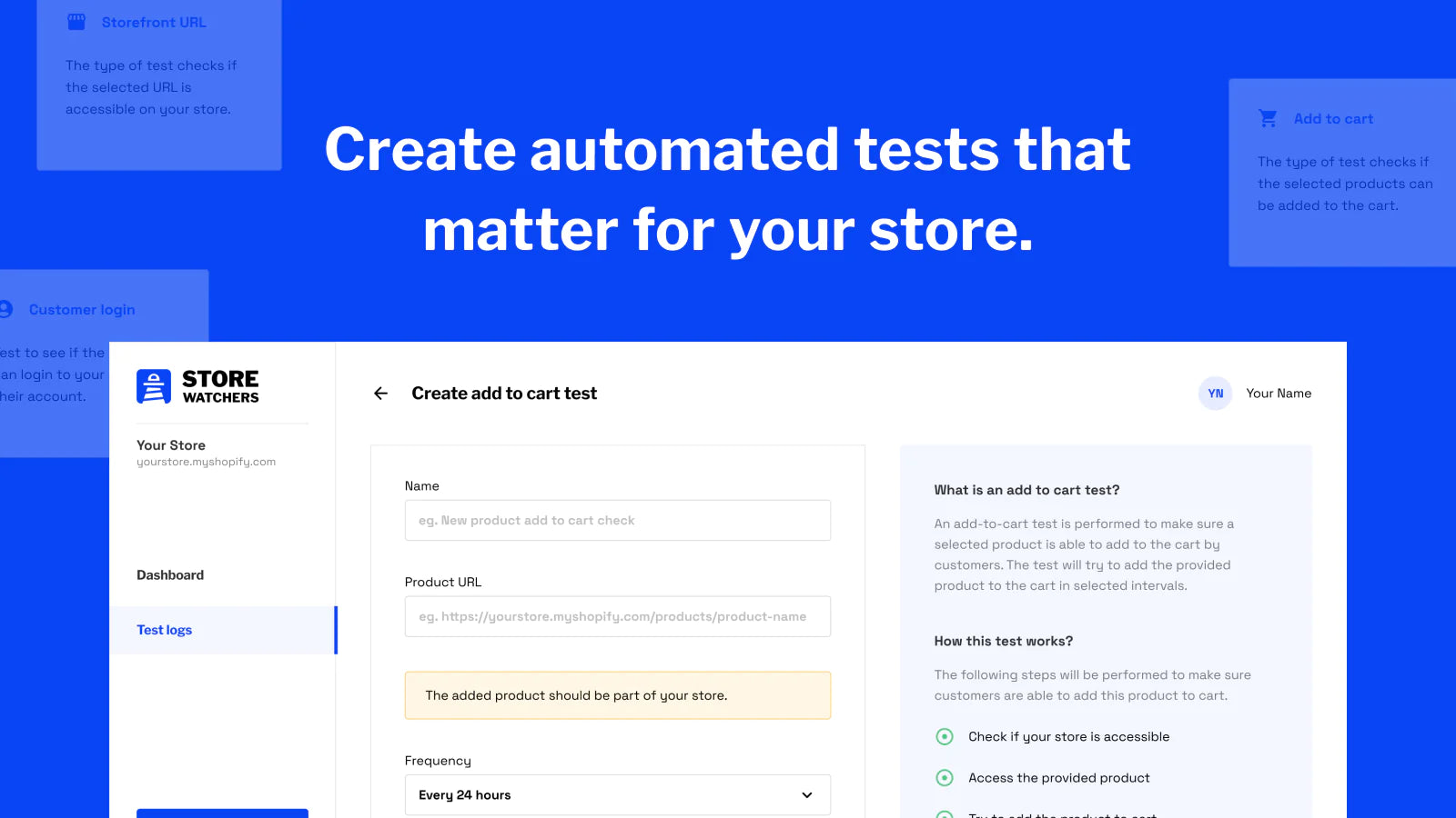 reporting monitoring automated tests customer login search add-to-cart test logs detailed test