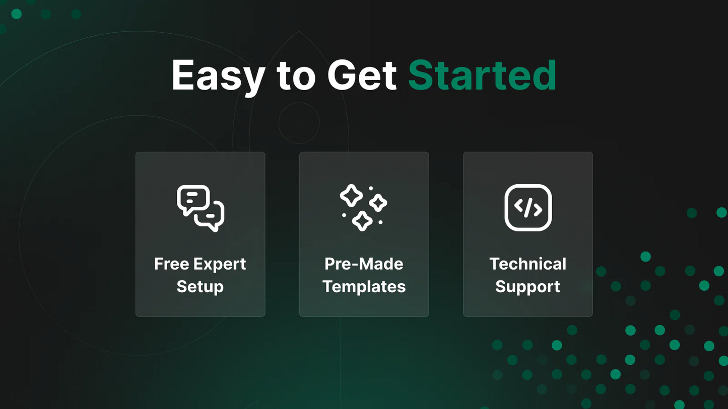 the image shows that you can easily get started with free expert setup, premade templates, and technical support