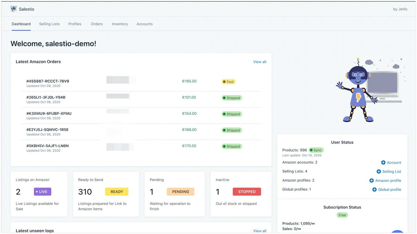 the image shows the dashboard of salestio