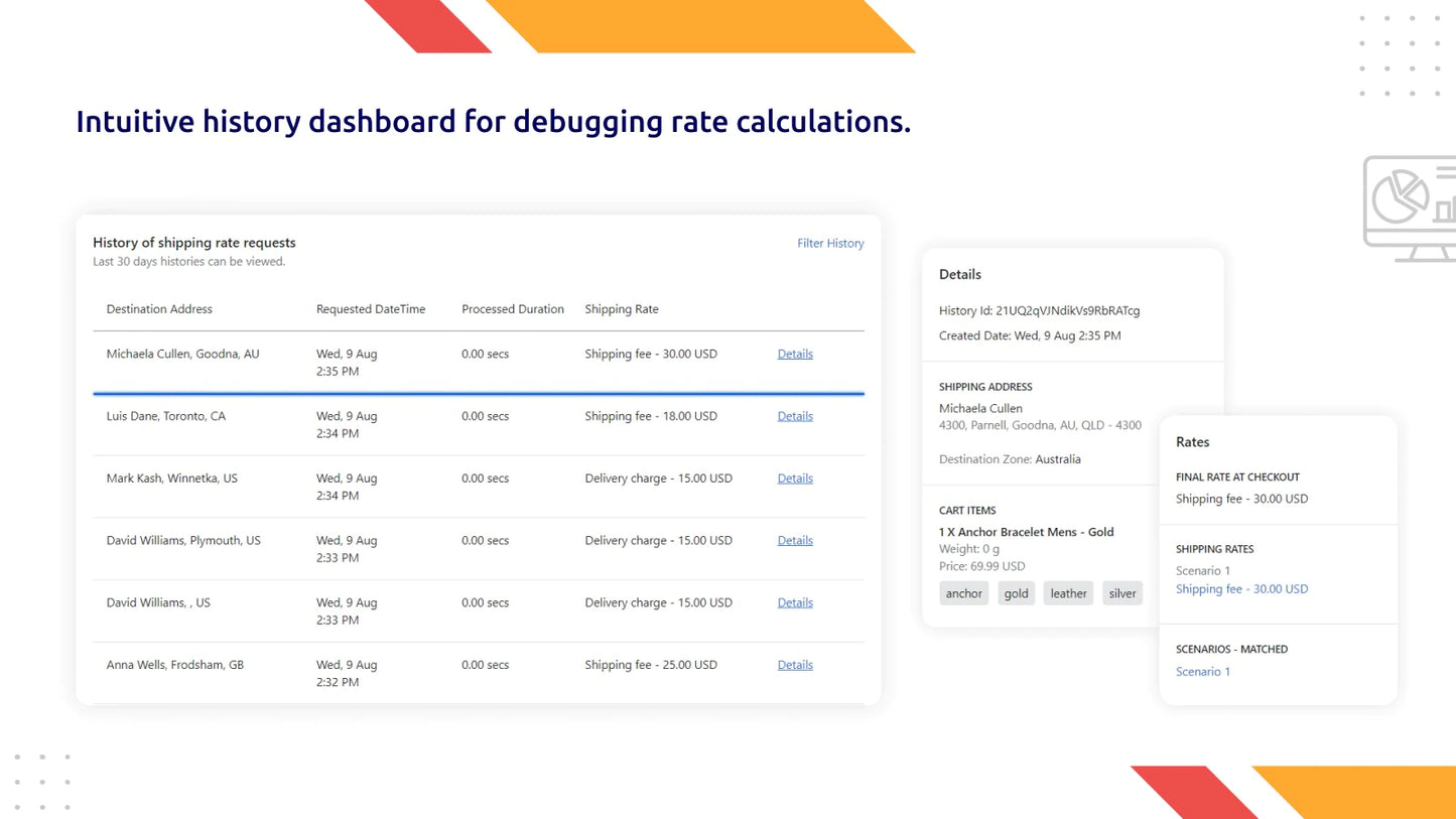 Shipping Rates - Shipeasy you can check the history dashboard for debugging rate calculations.