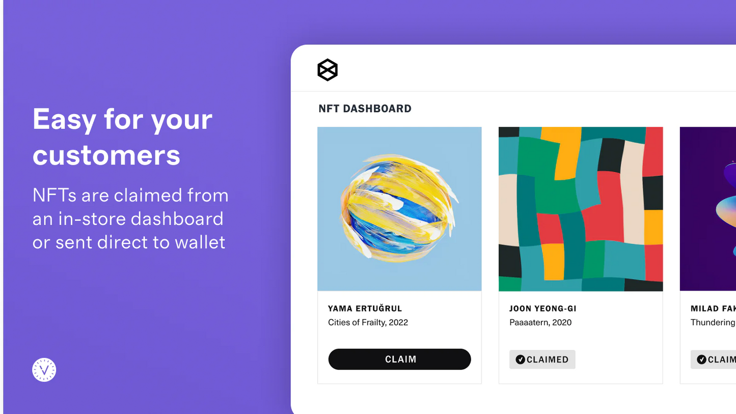 The image shows that you can make it easy for your customers to claim NFTs from an in-store dashbaord or sent direct to wallet