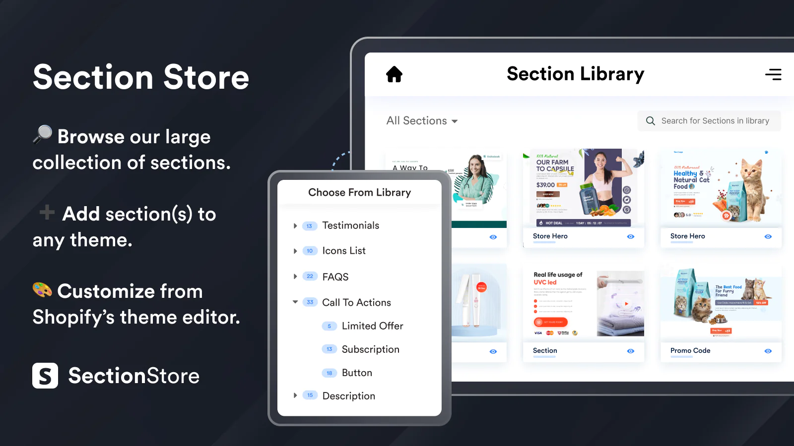 Section Store section library customize Shopify themes plug-and-play